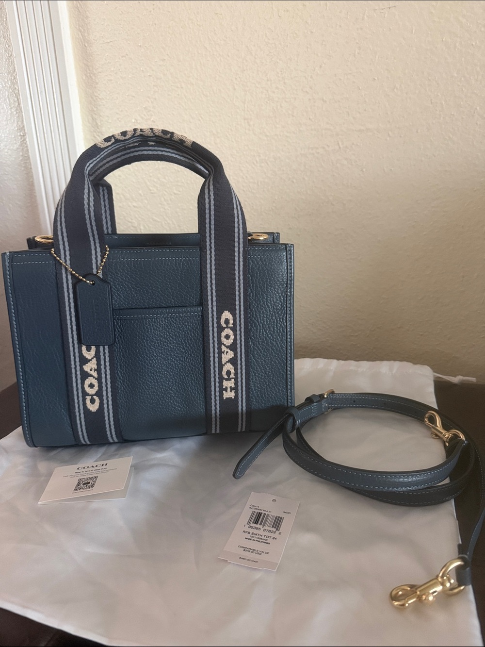Coach denim multi navy with gold hardware Contrast Logo Webbing Handles 24